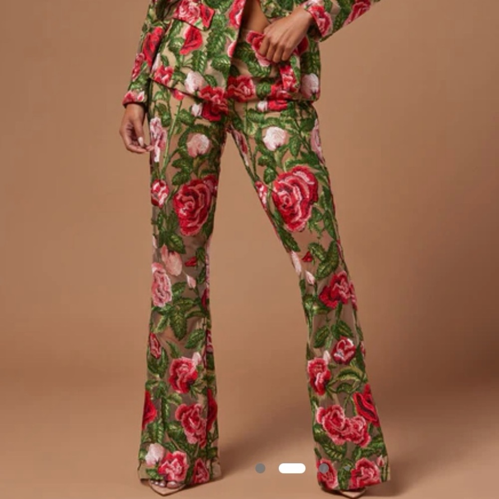 Fashion Nova Red and Green Floral Flare Pants